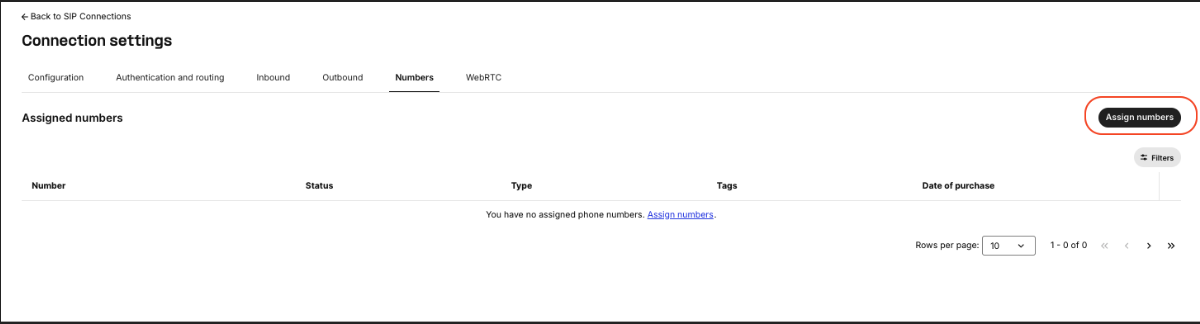 Telnyx Numbers configuration